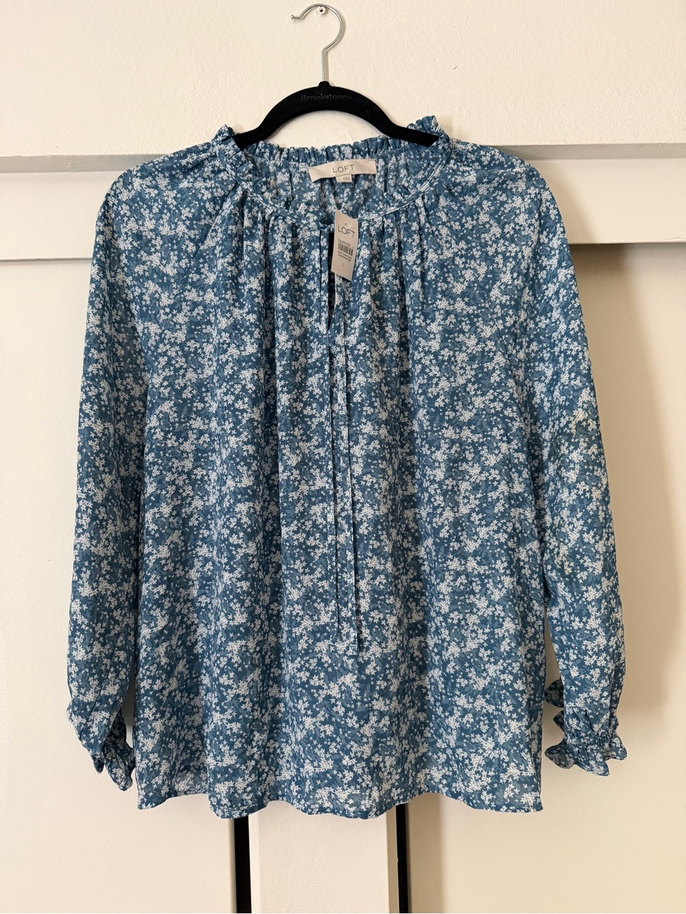 LOFT Blue Floral Ruffle-Neck Blouse
